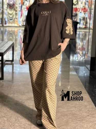 ست زنانه، ست تیشرت لانگ و شلوار بگ گوچی استین گلدوزی خرسی